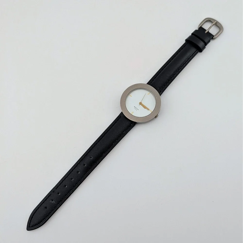 Boccia Titanium Swiss Quartz Minimalist White Dial Black Leather Watch 33mm